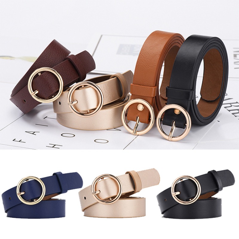 Leather Work Jeans - Women's Belt Round Buckle Belt with