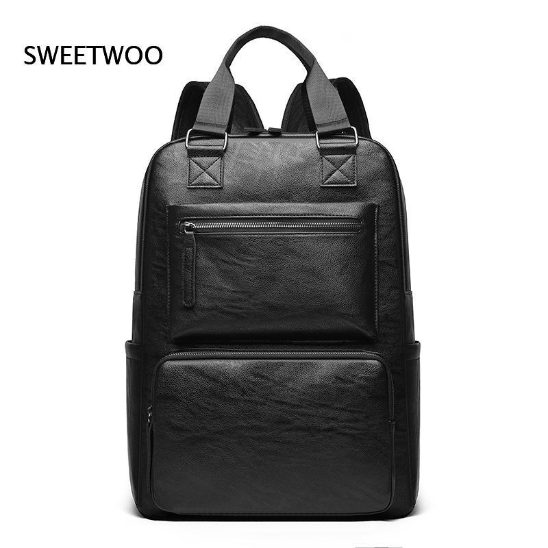 Leather Work Rucksack Mens - Men Faux Leather Laptop Backpack Dual