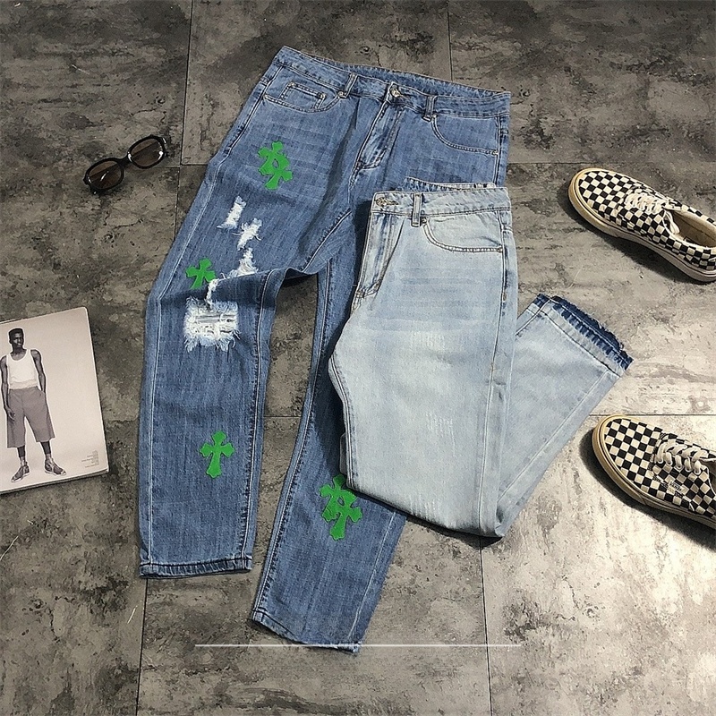 Leather Work Jeans - Street Sle Ripped Denim Jeans Cross