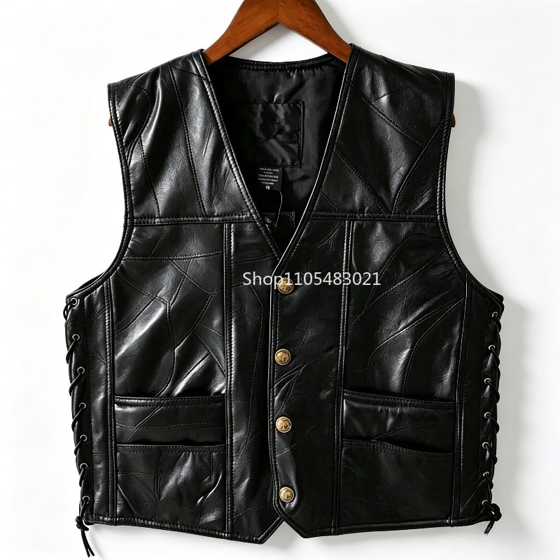 Leather Work Jacket - Men's Black Patchwork Leather Biker Vest,