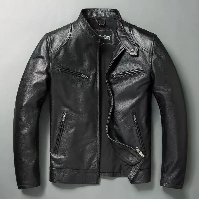 Leather Work Jacket - Genuine Leather Jacket Men 100%Cowhide Slim
