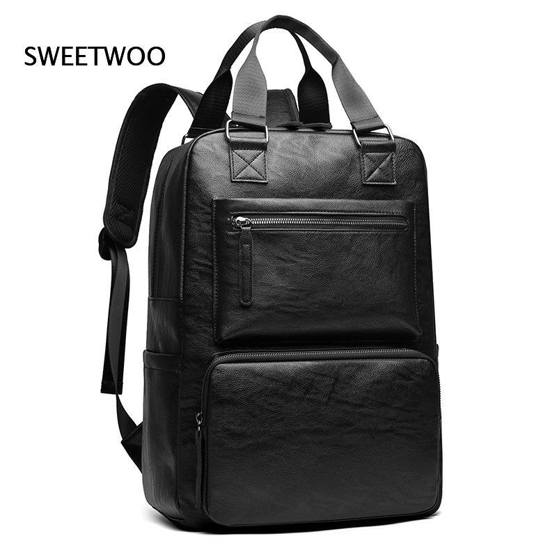 Men Faux Leather Laptop Backpa - Leather Work Rucksack Mens ulasan dan harga