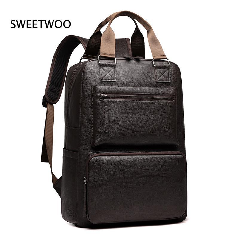 Men Faux Leather Laptop Backpa - Leather Work Rucksack Mens ulasan dan harga