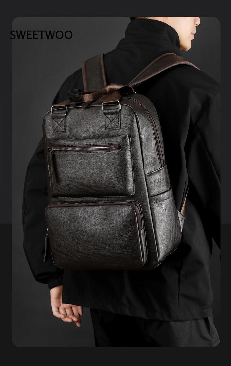 Men Faux Leather Laptop Backpa - Leather Work Rucksack Mens ulasan dan harga