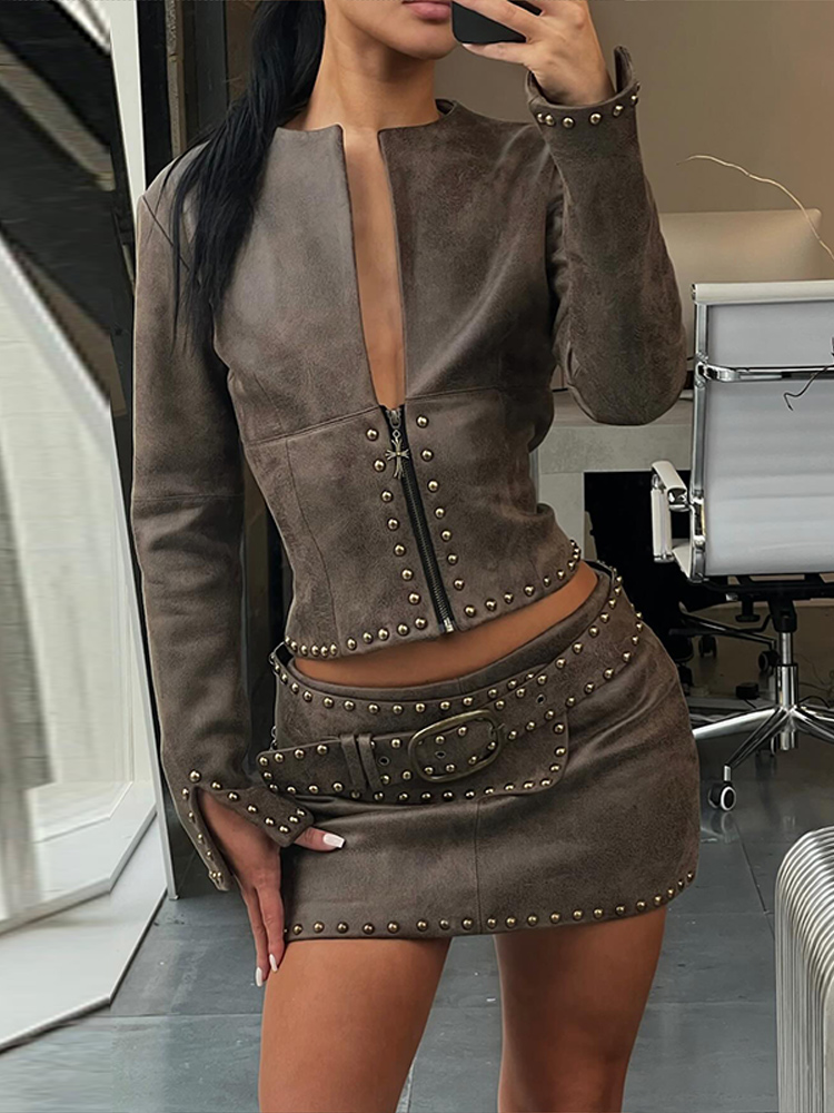 Fashion Rivet Decor Pu Leather - Leather Work Jacket ulasan dan harga