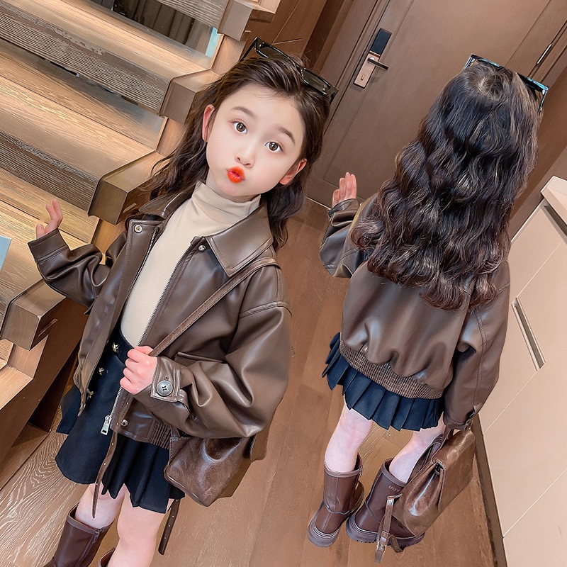 1-14 Years Girls Lapel Short P - Leather Work Jacket ulasan dan harga