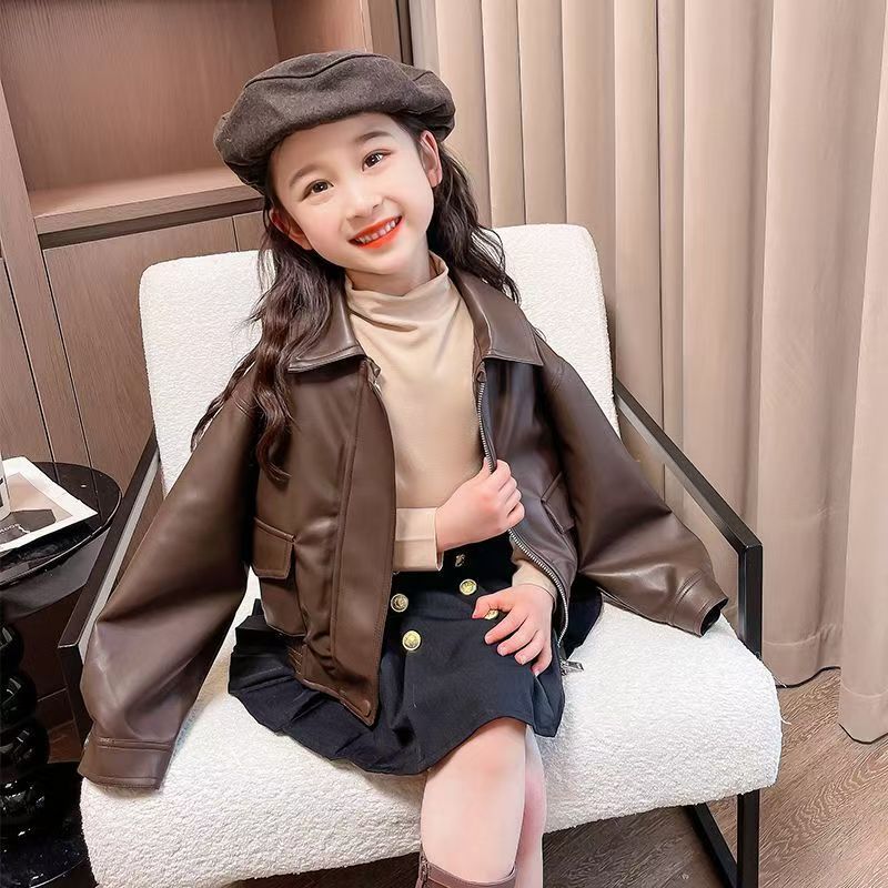 1-14 Years Girls Lapel Short P - Leather Work Jacket ulasan dan harga