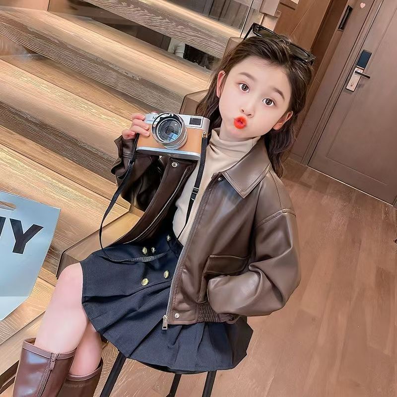 1-14 Years Girls Lapel Short P - Leather Work Jacket ulasan dan harga